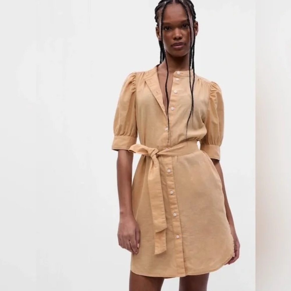 GAP Tan Button-Up Dress with Puff Sleeves